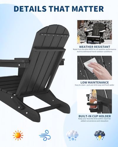 HDPE Folding Adirondack Chair Set of 2 with Side Table, Black
