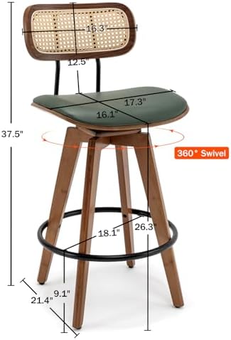 26" Rattan Bar Stools Set of 2,Faux Leather Counter Height Swivel Barsto...