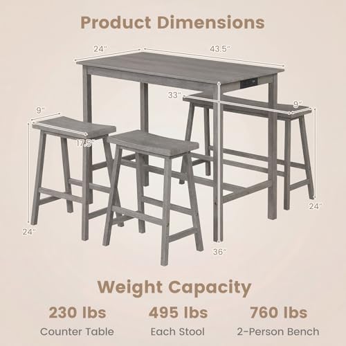 GIANTEX 4-Piece Counter Height Dining Table Set with Power Outlet, Solid Rubb...