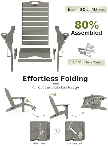 Ciokea HDPE Folding Adirondack Chair with Footrest,Grey,1
