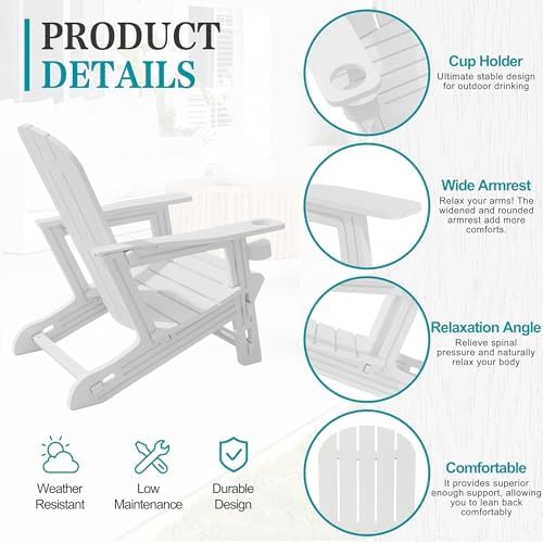 JY QAQA Outdoor Adirondack Chair Set of 2, All-Weather HDPE Patio Furniture w...