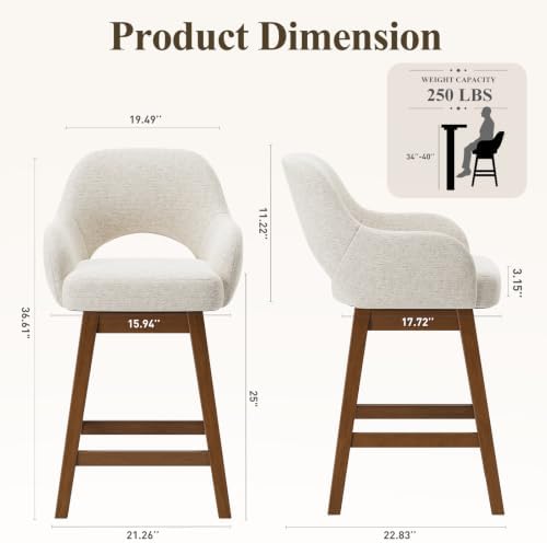 Swivel Bar Stools Set of 2, Modern Fabric Upholstered Counter Height Stools w...
