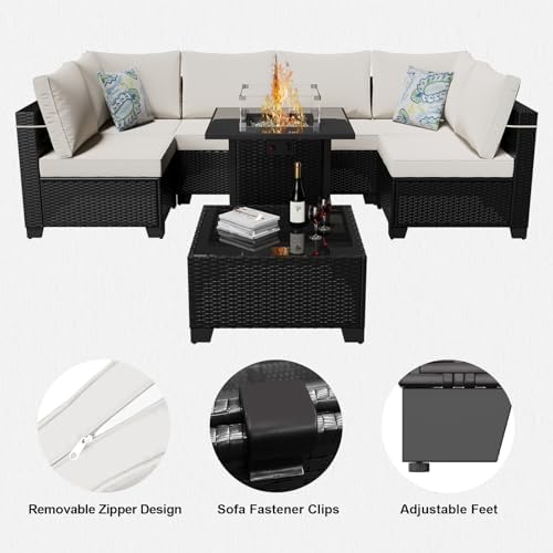 Outdoor Wicker Patio Furniture Set with Fire Pit Table Sectional Sofa Set Con...