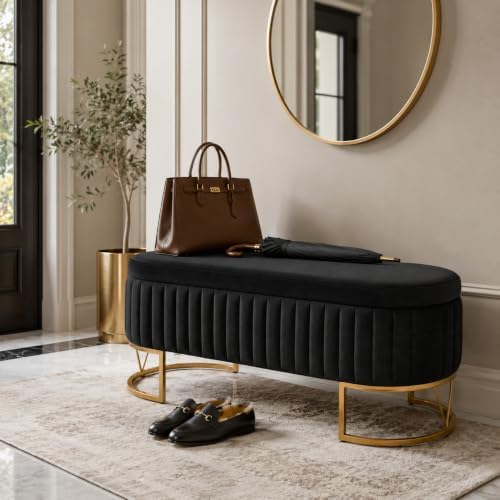 Velvet Storage Bench for Queen Size Bed, 46'' Black Oval Ottoman, Gol...