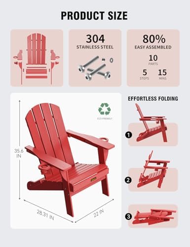 Folding Adirondack Chair, Wooden Textured Plastic Adirondack Chairs with 2 Cu...