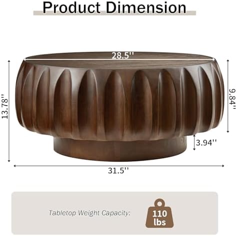 LKTART 31.5" Round Coffee Table with Solid Wood Veneer, Walnut