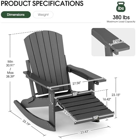 4-in-1 Adirondack Rocking Chair, HDPE, with Footrest, Grey