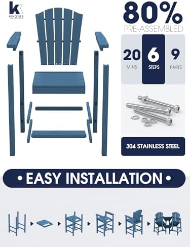 KINGYES Tall Adirondack Chair Set of 2 with Double Connecting Trays, Blue