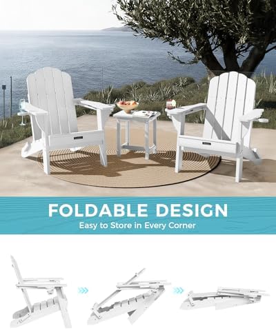 Folding Adirondack Chair, All-Weather HDPE Patio Chair with 2 Cup Holders
