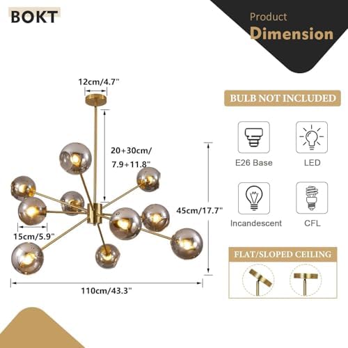 BOKT 10 Lights Mid Century Modern Large Smoke Grey Sputnik Chandelier Brushed...