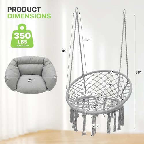 Magshion Macrame Hanging Hammock Chair with Cozy Full Cushion, Gray