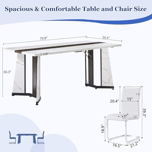 Dining Table Set for 6,White Marble 71'' Dining Room Table with Spaci...