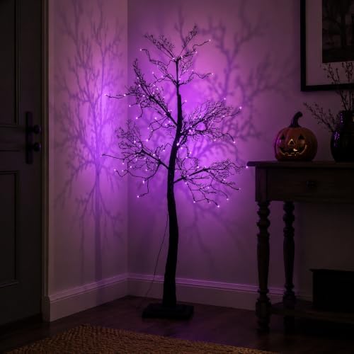 5FT Lighted Halloween Tree, 102 LED Dual Color Black Glitter Tree