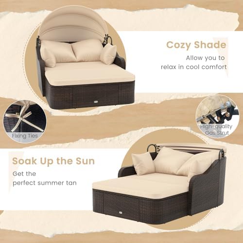 Tangkula PE Rattan Patio Daybed with Retractable Canopy, Double Lounge Bed wi...