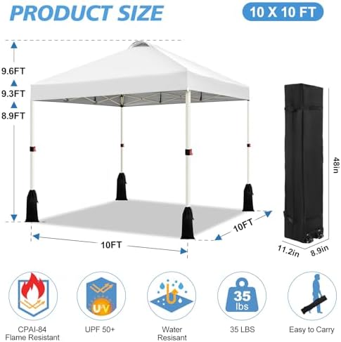 WEIZE 10x10 Pop Up Canopy Tent, 1-Button Push Setup Canopy Tent, Adjustable H...