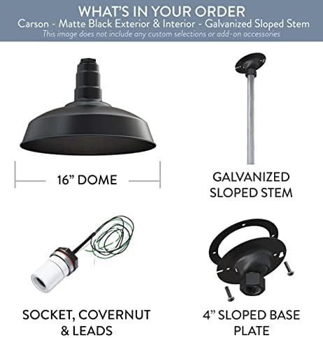 12" Sloped Stem Barn Light Pendant 16" Dome | Garage Workshop | Mat...