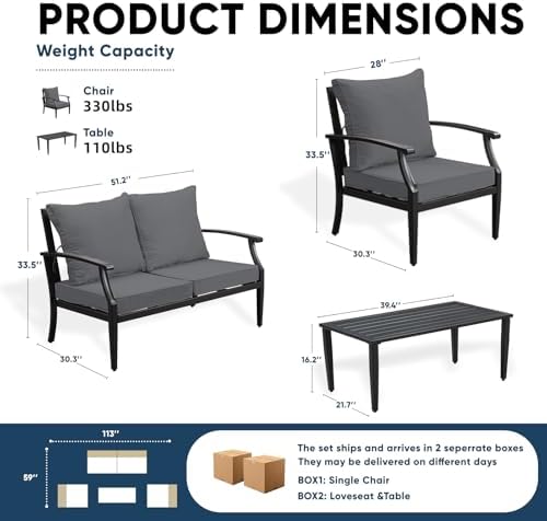 4-Piece Patio Conversation Set,Oversized Outdoor Metal Furniture Set with Tab...