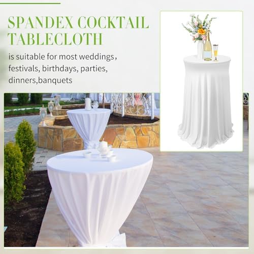 Tegeme 3 Packs Spandex Cocktail Table Cover Fitted with Skirt, White