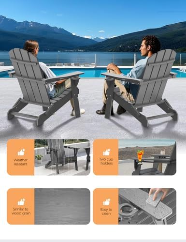 Folding Adirondack Chair, Wooden Textured Plastic Adirondack Chairs with 2 Cu...