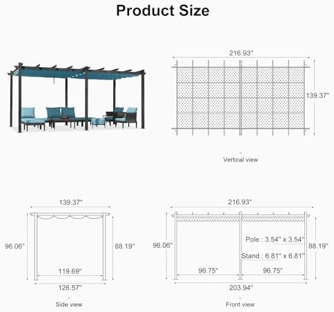 PURPLE LEAF Outdoor Pergola Retractable Aluminum 12' X 18', Turquoise...