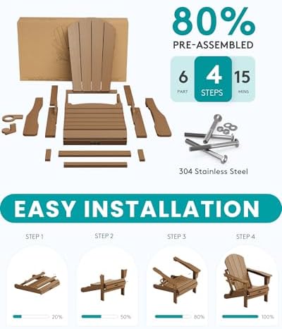 SERWALL Folding Adirondack Chair Set of 4 Patio Chair with Cup Holder-Brown