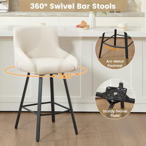 Swivel Bar Stools Set of 2, 26" Counter Height Barstools Beige
