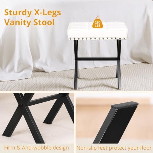 LUE BONA White Vanity Stool - Square Faux Leather Makeup Seat With Metal X Le...