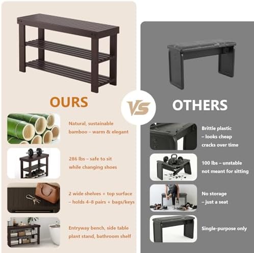 NEWBULIG Shoe Rack Bench, 3-Tier Bamboo Shoe Organizer, Wooden Entryway Stora...
