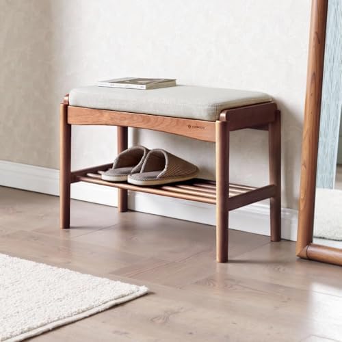 Solid Wood Shoe Bench, 24 Inch Entryway Bench with Light Gray Cushion