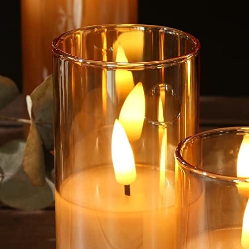 Eywamage Amber Gold Glass Flameless Pillar Candles with Remote Set of 5
