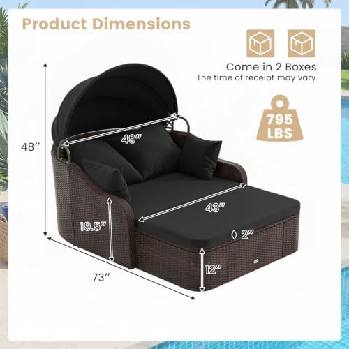 Tangkula PE Rattan Patio Daybed with Retractable Canopy, Double Lounge Bed