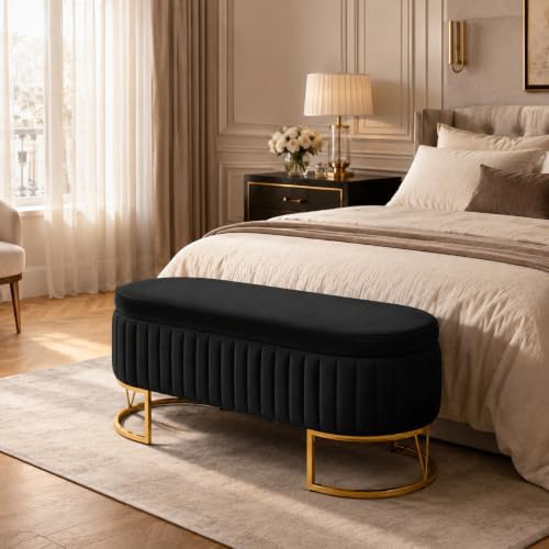 Velvet Storage Bench for Queen Size Bed, 46'' Black Oval Ottoman, Gol...