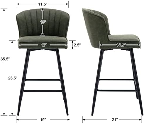 Green Leather Bar Stools Set of 2 Mid Century Modern Counter Stools 26 Inch C...
