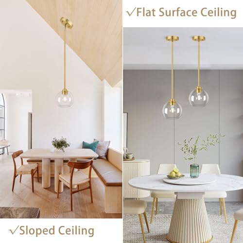 Gold Pendant Light Fixtures 2 Pack, Globe Pendant Lights with Clear Glass Sha...