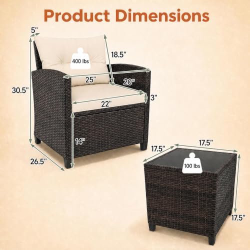 COSTWAY 3PCS Wicker Patio Furniture Set with Cushions for Balcony and Porch