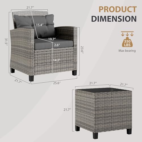 JAMFLY 3 Piece Wicker Patio Furniture Set - Outdoor Rattan Conversation Set w...