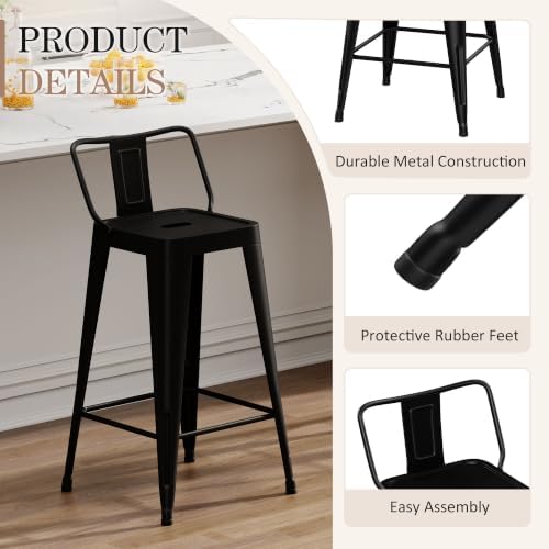 Metal Bar Stools Set of 4,26 Inch Counter Height Stools with Low Back Black