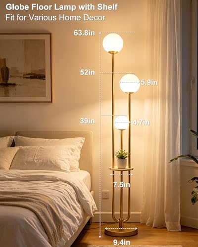 Lightdot Gold Globe Floor Lamp 3-Lights Dimmable Floor Lamps with Tray& B...
