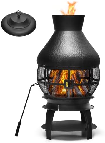 BETTARY Outdoor Chiminea Fireplace, Vintage Metal Chimineas, Wood-Burning Rustic Finish Fire Pit w/ 360° Wire Mesh, Fire Poker, Chimney Cap & Wood Storage, Firepit for Lawn, Garden, Patio & Backyard