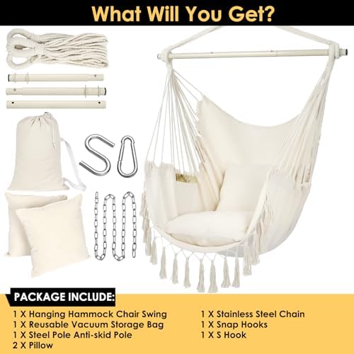 Y- STOP Hammock Chair Hanging Rope Swing, Max 500 Lbs, 2 Cushions Included, L...