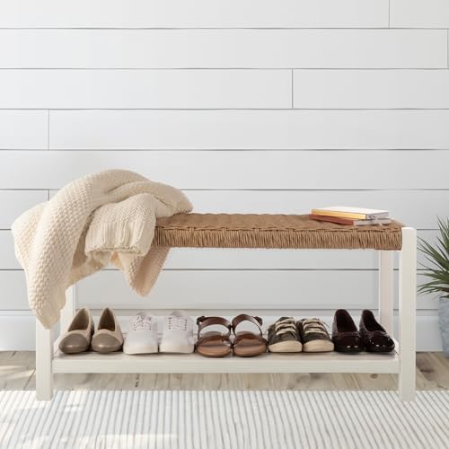 Alaterre Furniture Newport 40” Shoe Storage Bench with Woven Seat, White