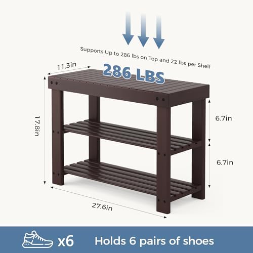 DUMOS Wooden Shoe Rack Bench with Storage, 3-Tier Bamboo Entryway Benches, Sh...