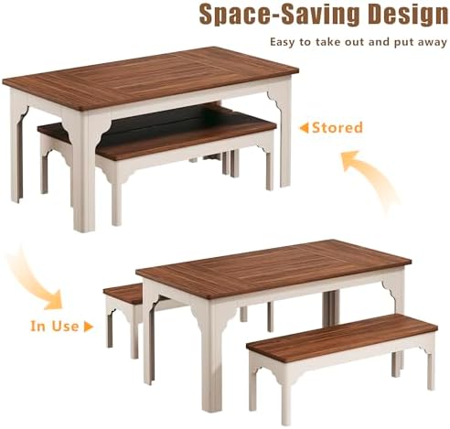 HUAHUU 63" Farmhouse Dining Table Set for 4-6, Kitchen Table with 2 Benc...