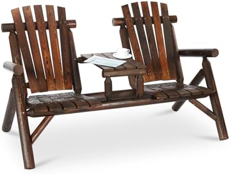 HOMEDIARY 2-Seat Wooden Adirondack Chair, Outdoor Log Patio Loveseat with Bui...