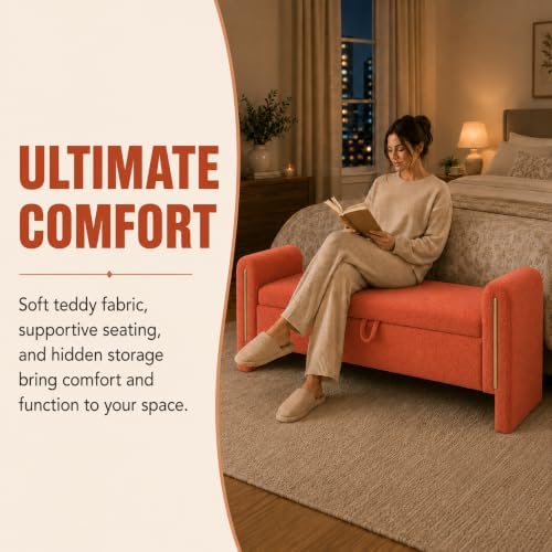 52" Upholstered Storage Bench, Orange, Armrests, Wood Frame