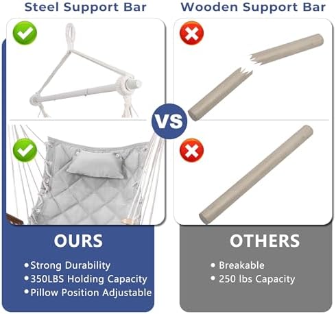 Hammock Chair Hanging Swing with Wooden Armrest;Steel Spreader Bar,Pillows,Ha...