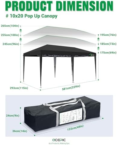 Acepic 10x20 Black, Pop Up Canopy Tent with 6 Removable Sidewalls 10 * 20