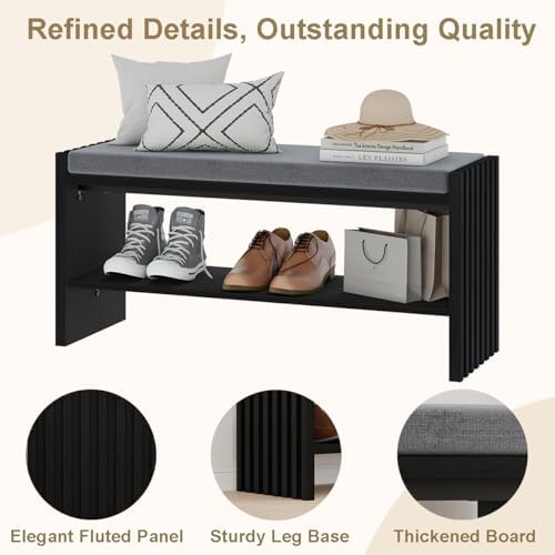 BON AUGURE 40" Entryway Shoe Bench with Storage & Cushion, Modern Fl...