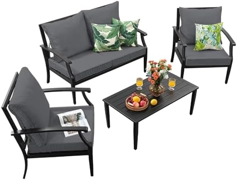4-Piece Patio Conversation Set,Oversized Outdoor Metal Furniture Set with Tab...