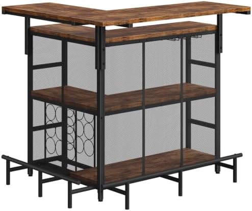 HOOBRO Home Bar Unit, L-Shaped Bar Table with Glasses Holder & 4-Tier She...